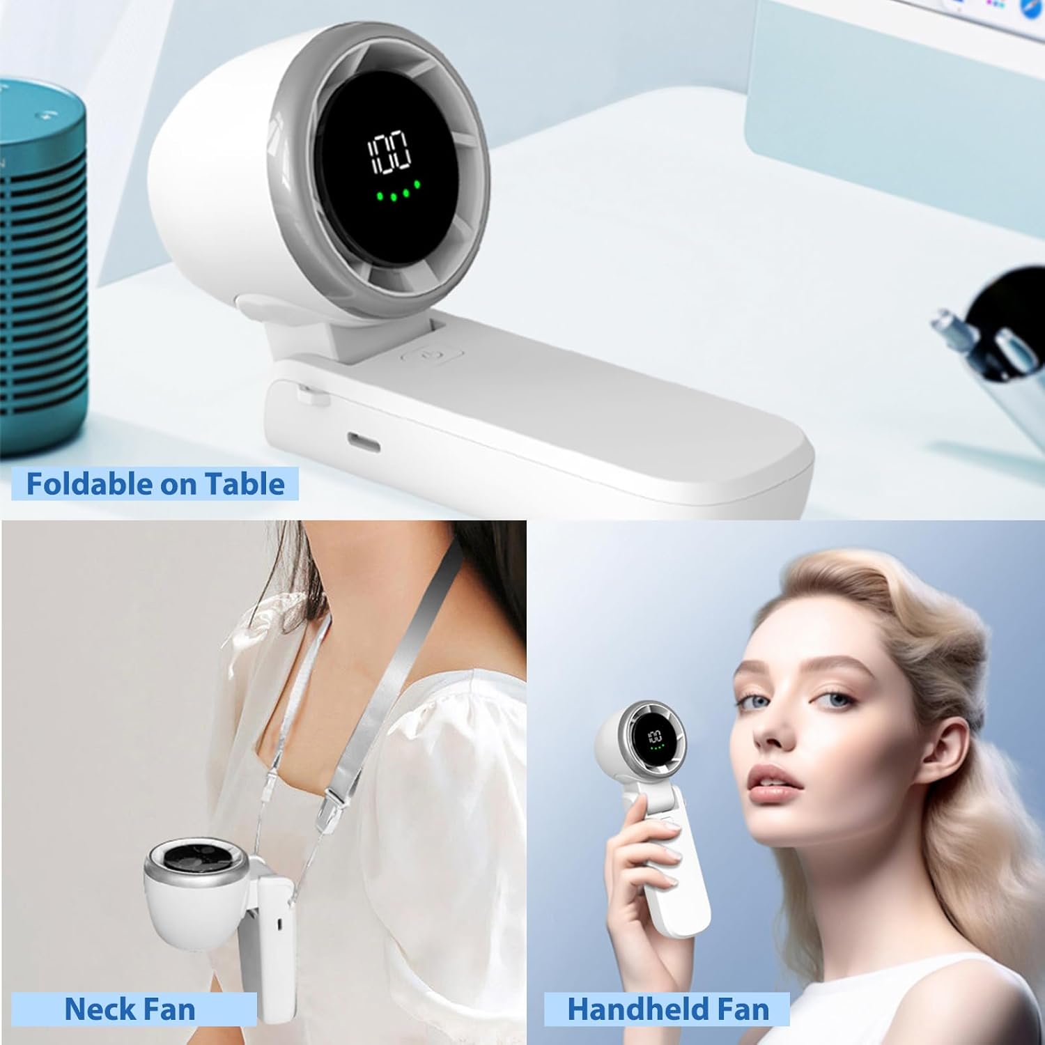 Collage of a foldable table fan, neck fan, and handheld fan with models using them.