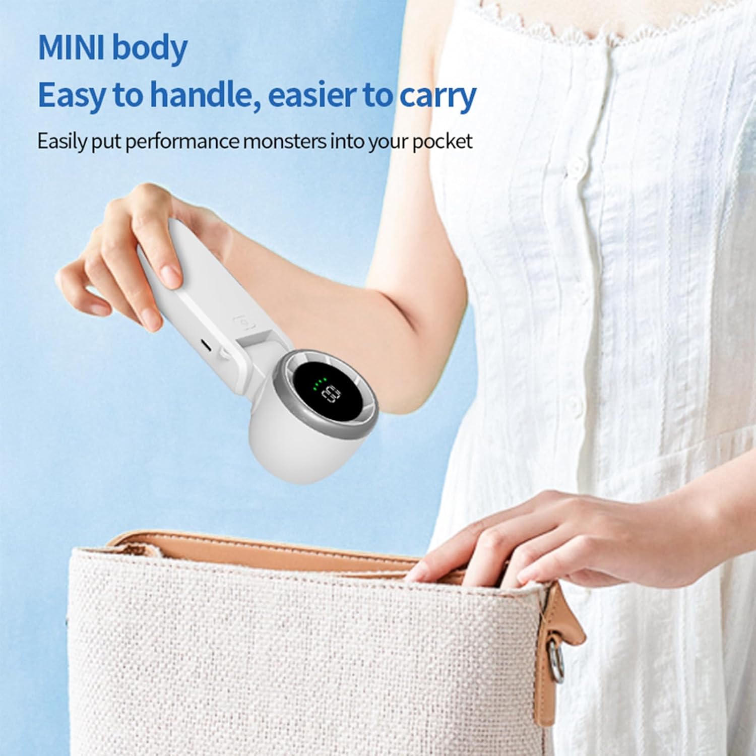 Person holding a small electronic device next to a bag with text about its mini size and ease of use.