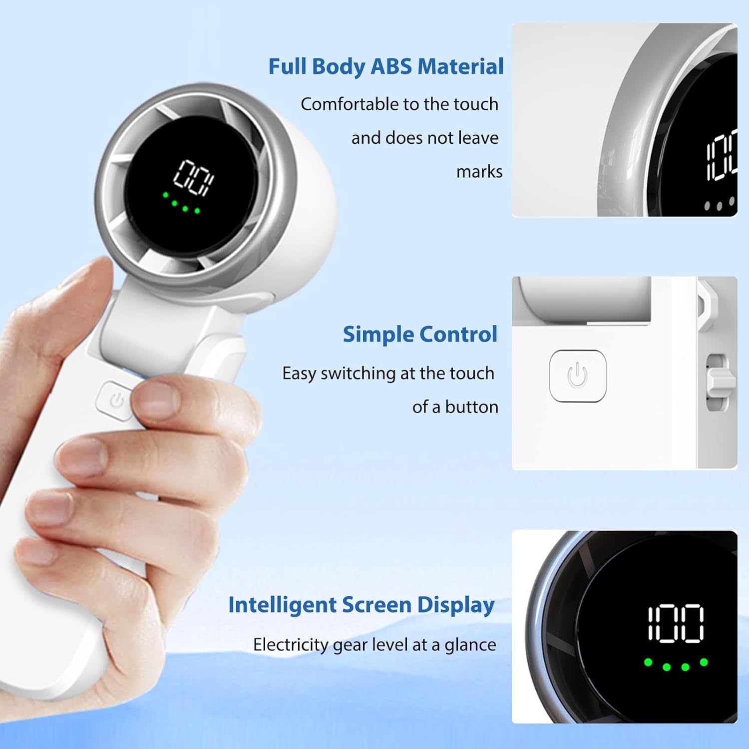 Handheld device with digital display held by a hand, featuring text on material, control, and display.