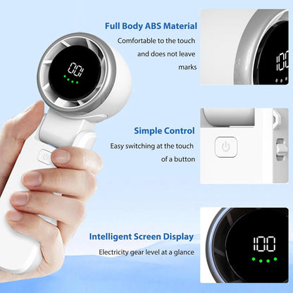 Handheld device with digital display held by a hand, featuring text on material, control, and display.
